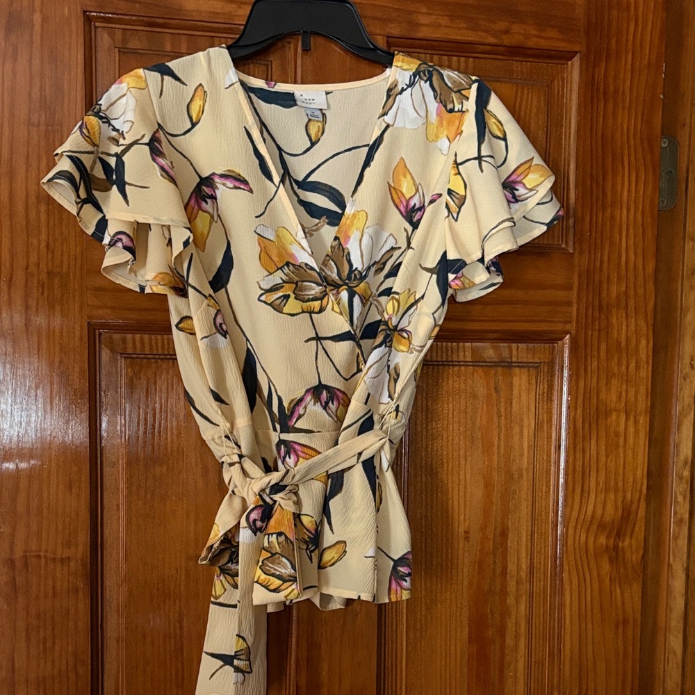 A New Day Floral Wrap Blouse - Cream, Yellow and Navy